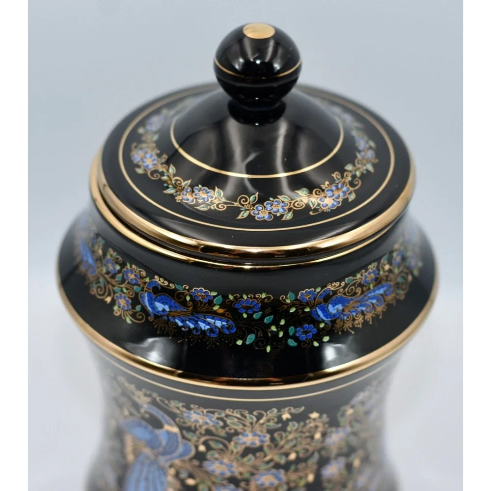 Anapale Greece Back Lidded Canister Jar 24k Gilded Hand Painted Peacock Birds